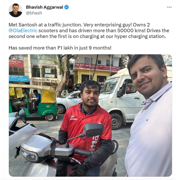 ಓಲಾ ಸ್ಕೂಟರ್‌ನಿಂದ 9 ತಿಂಗಳಲ್ಲಿ 1 ಲಕ್ಷ ರೂ. ಉಳಿಸಿದ ಡೆಲಿವರಿ ಬಾಯ್‌ಗೆ ಓಲಾ ಸಿಇಒ ಪ್ರಶಂಸೆ 