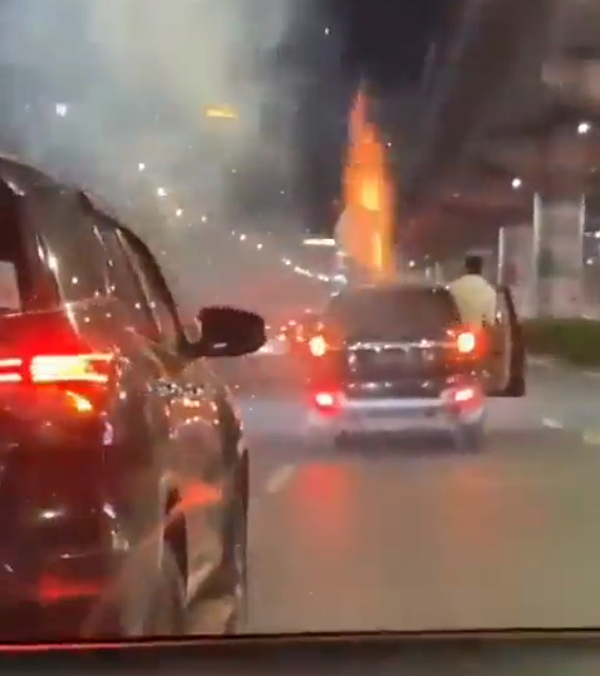 Bursts Firecrackers on Moving Car