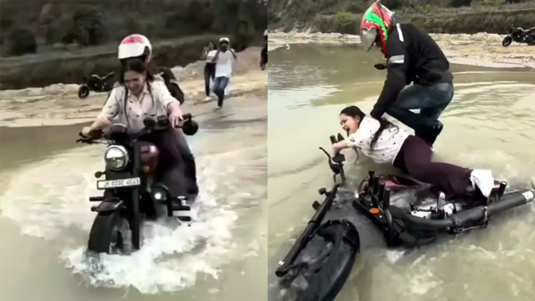 Girl Falls Into River While Riding Jawa 42 Bobber Video Breaks The Internet