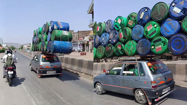 A Driver Loaded 24 Drums On Maruti 800 Car Top Video Viral