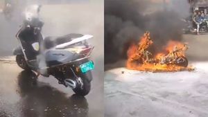 'ആമ്പിയറും' കത്തിപോയി; ഇലക്ട്രിക് സ്കൂട്ടറിന് തീപിടിച്ചു, വീഡിയോ വൈറൽ 