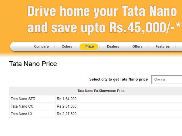 നാനോയുടെ വിലനിലവാരം നല്‍കിയിരിക്കുന്നു മറ്റൊരു താളില്‍.