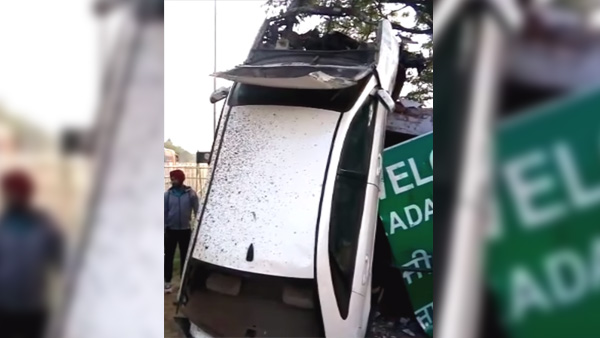 പശുവിനെ കണ്ടു വെട്ടിച്ചു, പോസ്റ്റിലിടിച്ച കാര്‍ നിന്നത് കുത്തനെ!