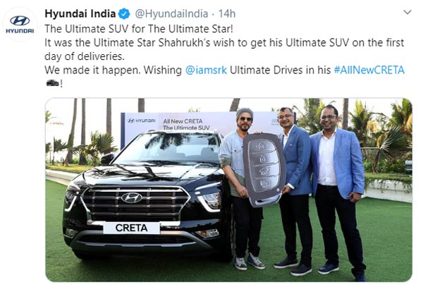 ഇനി ക്രെറ്റയിൽ കറങ്ങാം, ആദ്യ ഡെലിവറി ഷാരൂഖ് ഖാന് നൽകി ഹ്യുണ്ടായി