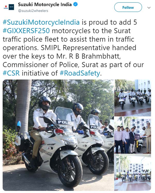 കോഴിക്കോട് ട്രാഫിക് പൊലീസിന് മുതൽക്കൂട്ടായി ഇനി സുസുക്കി ജിക്സർ SF 250