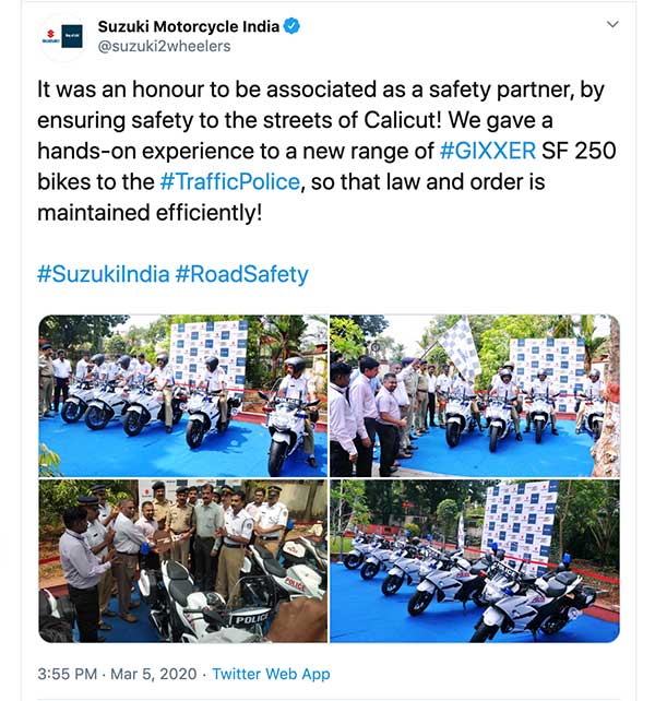 കോഴിക്കോട് ട്രാഫിക് പൊലീസിന് മുതൽക്കൂട്ടായി ഇനി സുസുക്കി ജിക്സർ SF 250