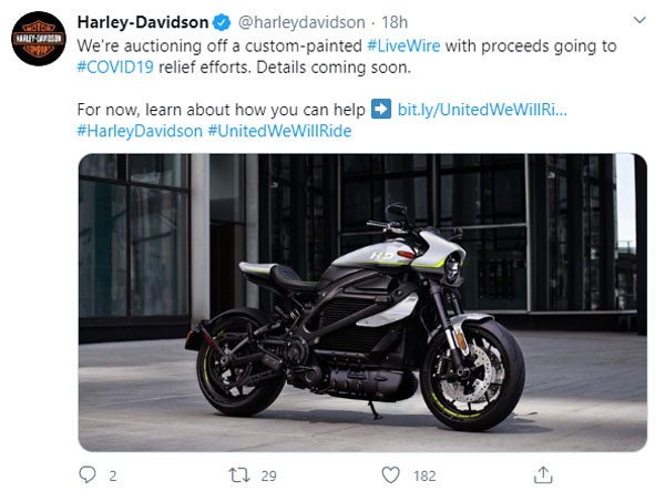 കൊവിഡ് ദുരിതാശ്വാസത്തിന് ഓൺലൈൻ ലേലത്തിനൊരുങ്ങി ഹാർലി ഡേവിഡ്‌സൺ