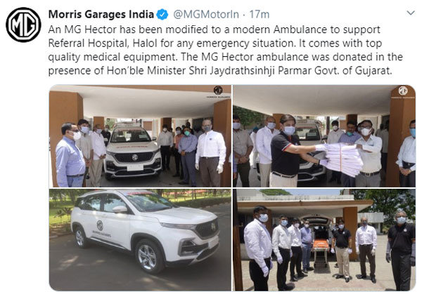 കൊവിഡിനെതിരെ പോരാടാൻ ഹെക്ടർ ആംബുലൻസുമായി എംജി