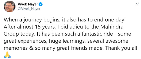 15 വര്‍ഷത്തെ സേവനത്തിന് ശേഷം മഹീന്ദ്രയില്‍ നിന്നും പടിയിറങ്ങി വിവേക് നായര്‍