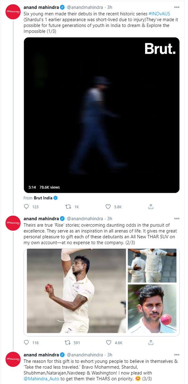 വിജയത്തിന് മാറ്റുകൂട്ടി ആനന്ദ് മഹീന്ദ്ര; ഇന്ത്യന്‍ ടീമിലെ ആറ് താരങ്ങള്‍ക്ക് ഥാര്‍ സമ്മാനിച്ചു