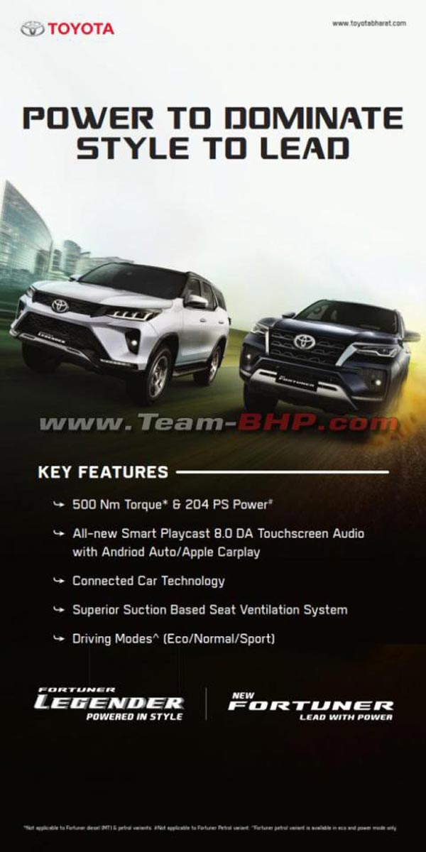 കൂടുതൽ വിവരങ്ങൾ വെളിപ്പെടുത്തി ടൊയോട്ട ഫോർച്യൂണർ ഫെയ്‌സ്‌ലിഫ്റ്റ് ബ്രോഷർ പുറത്ത്