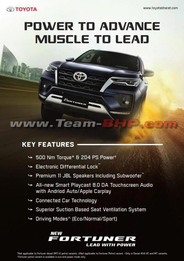 കൂടുതൽ വിവരങ്ങൾ വെളിപ്പെടുത്തി ടൊയോട്ട ഫോർച്യൂണർ ഫെയ്‌സ്‌ലിഫ്റ്റ് ബ്രോഷർ പുറത്ത്