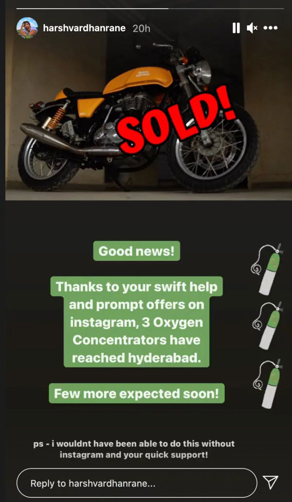 കൊവിഡ് രണ്ടാംതരംഗം; ആഢംബര ബൈക്ക് വിറ്റ് ഓക്‌സിജൻ നൽകി ഹർഷ്‍വർധൻ റാണെ