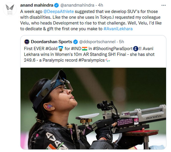 പാരാലിമ്പിക് സ്വർണ നേട്ടത്തിന് അവനി ലേഖാരയ്ക്ക് സമ്മാനം ഒരുക്കി Mahindra; പ്രത്യേകം നിർമിച്ച XUV700 വീട്ടിലെത്തും