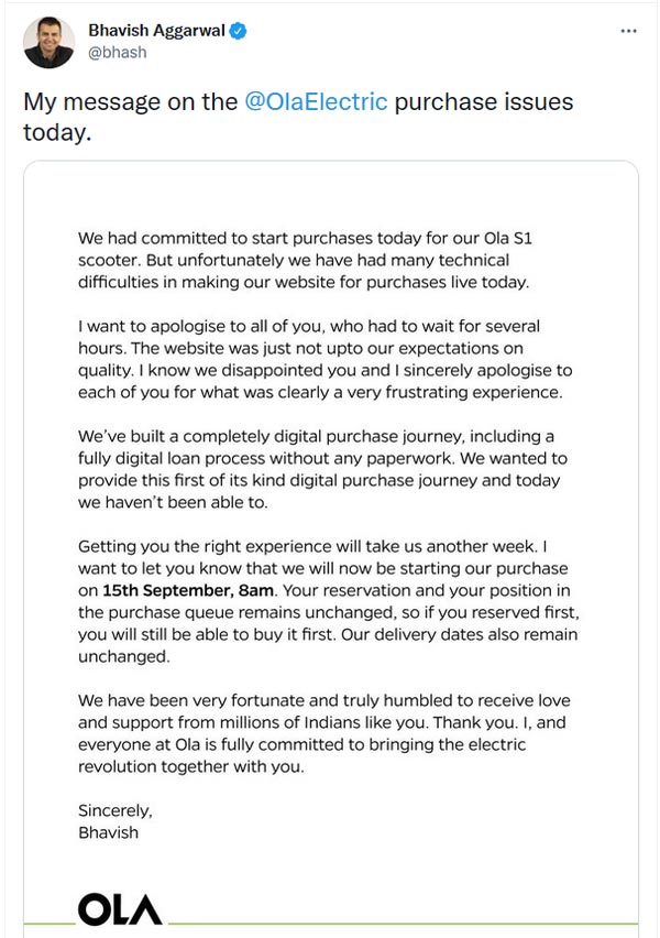 ഇലക്ട്രിക് സ്‌കൂട്ടറിനായി കുറച്ചുകൂടി കാത്തിരിക്കണം; വിശദീകരണവുമായി Ola ഇലക്ട്രിക്