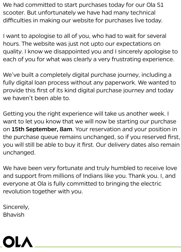ഇലക്ട്രിക് സ്‌കൂട്ടറിനായി കുറച്ചുകൂടി കാത്തിരിക്കണം; വിശദീകരണവുമായി Ola ഇലക്ട്രിക്