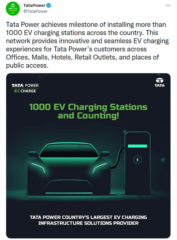 ഗ്രീന്‍ മൊബിലിറ്റിയിലേക്കുള്ള യാത്രയില്‍ പ്രധാന നാഴികക്കല്ല്; ചാര്‍ജിംഗ് സ്റ്റേഷനുകളുടെ ശൃംഖലയൊരുക്കി ടാറ്റ പവര്‍