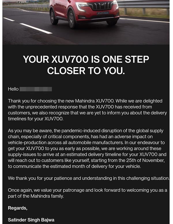 കാത്തിരുന്ന് മുഷിയേണ്ട! XUV700 എസ്‌യുവിയുടെ അടുത്ത ബാച്ച് ഡെലിവറി നവംബർ 25 മുതലെന്ന് Mahindra