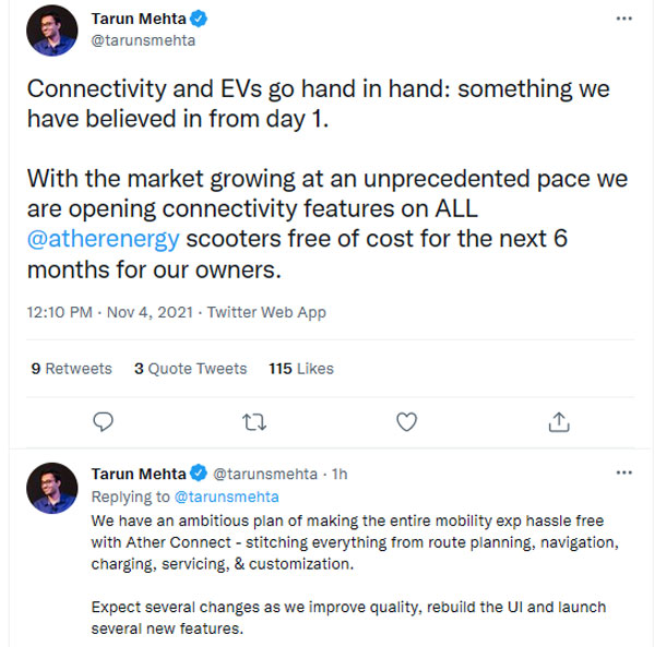 ദീപാവലി നാളില്‍ ഓഫറുമായി Ather; 6 മാസത്തേക്ക് ഇ-സ്‌കൂട്ടറുകളില്‍ സൗജന്യ കണക്റ്റിവിറ്റി ഫീച്ചറുകള്‍