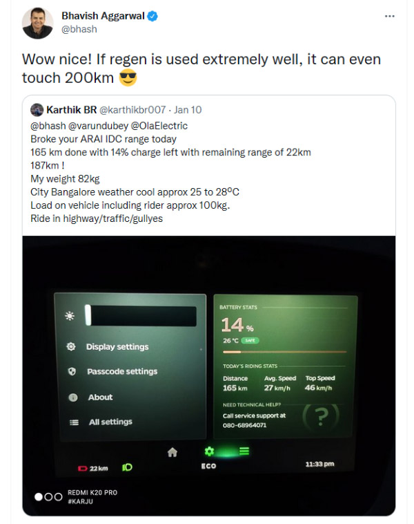 പറഞ്ഞതിലും കൂടുതൽ റേഞ്ച്, Ola Electric സ്‌കൂട്ടർ ഉടമ ഒറ്റ ചാർജിൽ ഓടിയത് 187 കിലോമീറ്റർ 