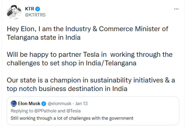ടെസ്‌ലയ്ക്ക് സ്വാഗതം! ഫാക്‌ടറി തുടങ്ങാൻ മസ്‌കിനെ തെലങ്കാനയിലേക്ക് ക്ഷണിച്ച് മന്ത്രി കെടി രാമറാവു 