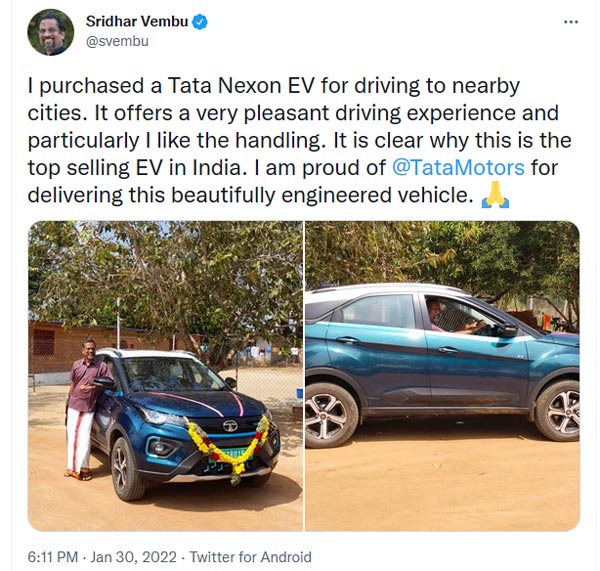 Tata Nexon EV സ്വന്തമാക്കി സോഹോ കോർപ്പറേഷൻ സിഇഒ ശ്രീധർ വെമ്പു