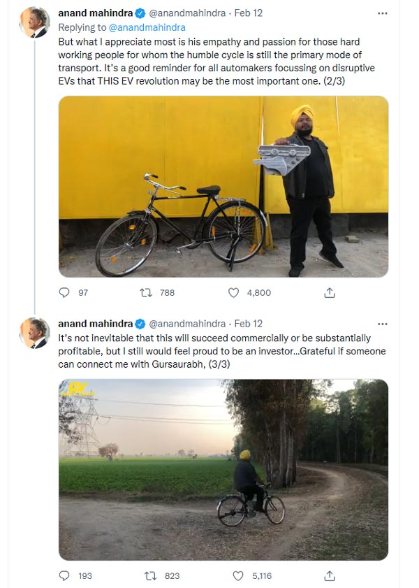 സൈക്കിളിനായുള്ള Dhruv Vidyut Electric Conversion Kit -ൽ ആകൃഷ്ടനായി ആനന്ദ് മഹീന്ദ്ര