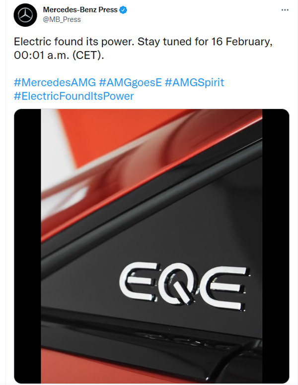 Mercedes AMG EQE ഓൾ-ഇലക്‌ട്രിക് മോഡൽ ഫെബ്രുവരി 16-ന് അവതരിപ്പിക്കും 