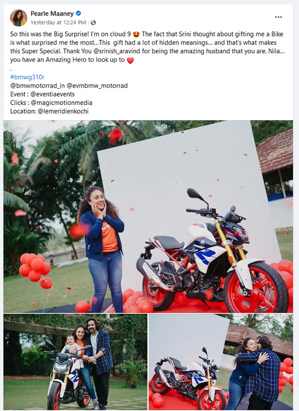 പ്രണയ ദിനത്തിൽ പേളി മാണിക്ക് വൻ സർപ്രൈസ്; യാത്രകൾക്ക് പുതിയ ചിറകുകളേകാൻ ഇനി BMW G 310 R മോട്ടോർസൈക്കിളും