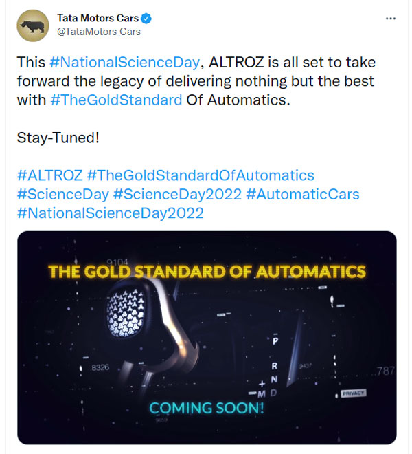 Baleno -യുടെ AMT -ക്ക് വെല്ലുവിളിയായി പുത്തൻ Altroz ഓട്ടോമാറ്റിക്; ടീസർ പങ്കുവെച്ച് Tata