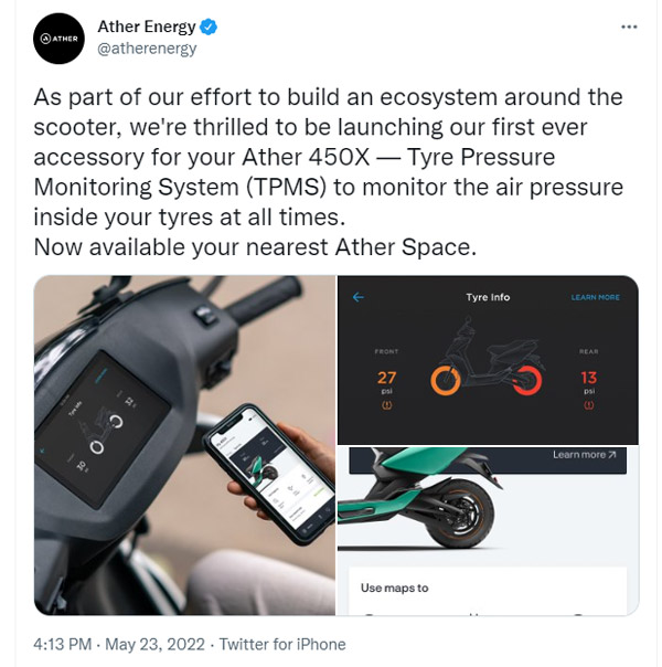 Ather ഇലക്‌ട്രിക് സ്‌കൂട്ടറുകളിൽ ഇനി TPMS സംവിധാനവും, സ്വന്തമാക്കാൻ മുടക്കേണ്ടത് 5,000 രൂപ