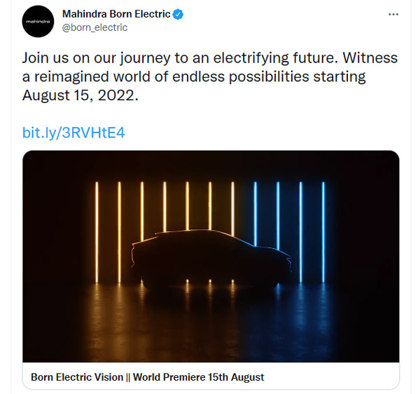വരാനിരിക്കുന്ന ഇലക്ട്രിക് എസ്‌യുവികളുടെ ടീസറുമായി Mahindra; അരങ്ങേറ്റം 2022 ഓഗസ്റ്റ് 15-ന്
