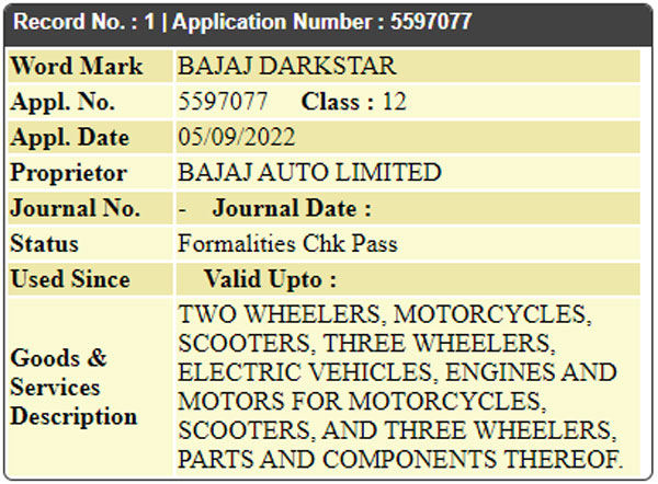 'ഡാര്‍ക്ക്‌സ്റ്റാര്‍' ട്രേഡ്മാര്‍ക്കായി; ഇടിമുഴക്കമാകാന്‍ Bajaj-ന്റെ ആദ്യ അഡ്വഞ്ചര്‍ ബൈക്ക് അണിയറയില്‍ ഒരുങ്ങുന്നു