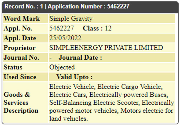 സിമ്പിള്‍ വണ്‍ ഡെലിവറി ആരംഭിക്കുന്നതിന് മുൻപേ 12 പേരുകള്‍ കൂടി ട്രേഡ്മാര്‍ക്ക് ചെയ്ത് Simple Energy