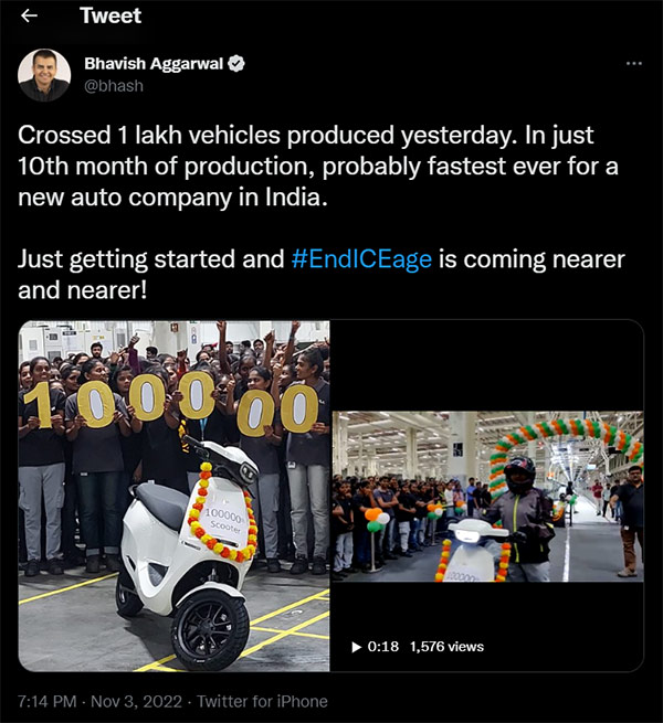 തടയാൻ ആരുണ്ടെടാ... നിർമാണം 1 ലക്ഷം യൂണിറ്റ് കടന്നു, ഹിറ്റടിച്ച് Ola Electric