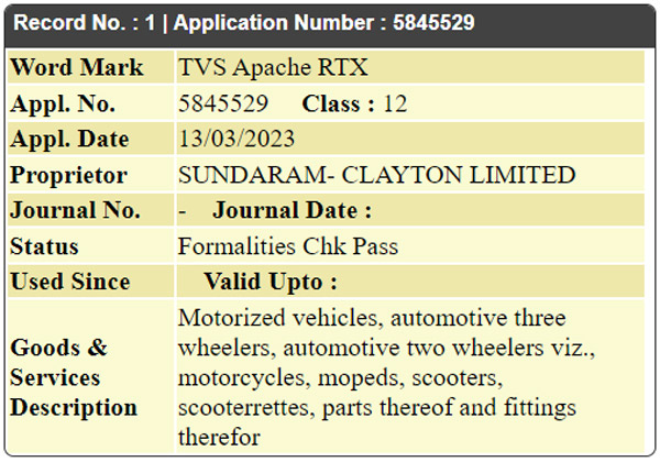 tvs apache rtx name trademarked tvs apache rtx name trademarked