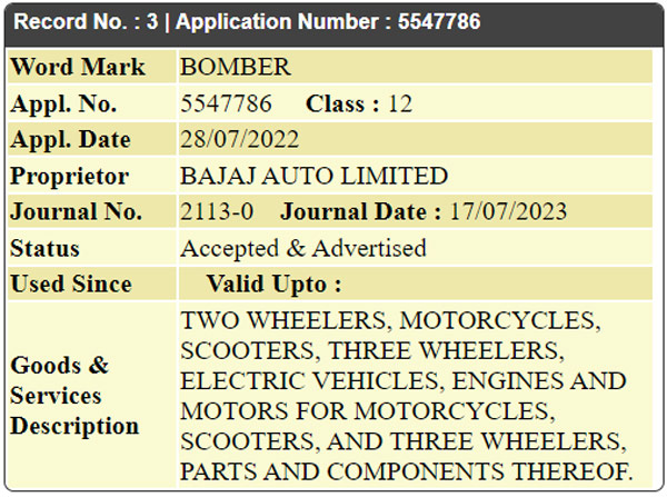 bajaj trademark bomber
