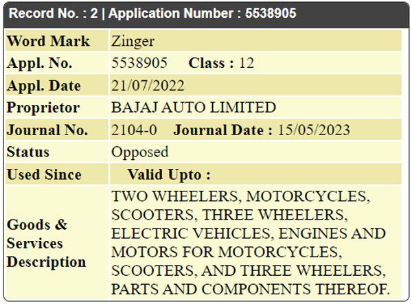 bajaj trademark zinger