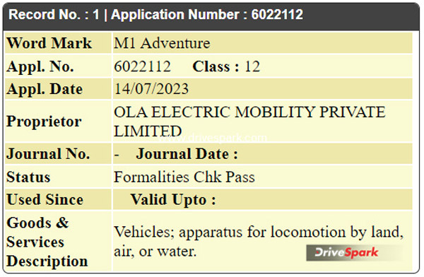 ola m1 adventure trademark