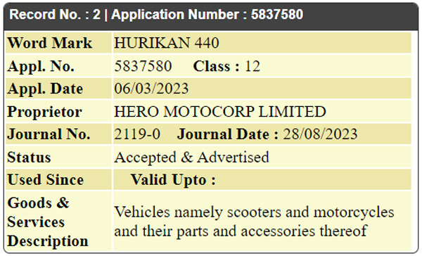 hero hurikan 440 trademark