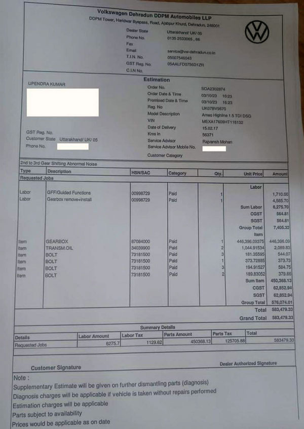 തകരാറായ DSG യൂണിറ്റ് മാറാൻ 5.8 ലക്ഷം ബില്ലിട്ട് ഫോക്‌സ്‌വാഗൺ