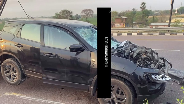 tata harrier crashes into parked truck
