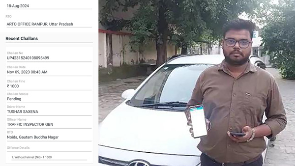 noida man fined for driving car without helmet