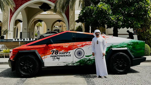 tesla cybertruck wrapped in indian flag