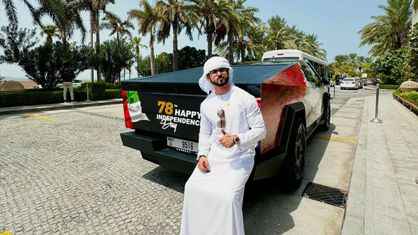 tesla cybertruck wrapped in indian flag