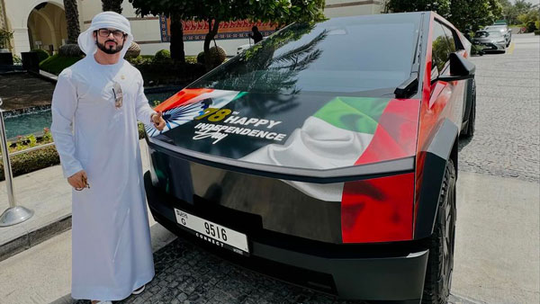 tesla cybertruck wrapped in indian flag