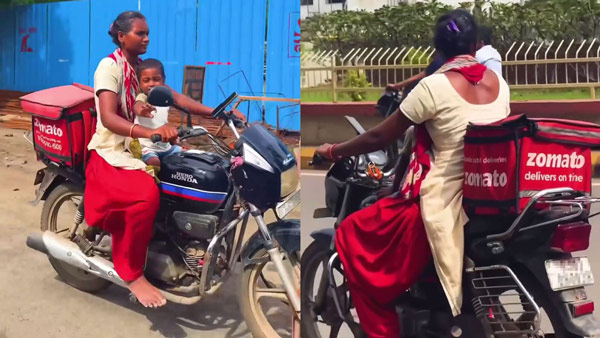 zomato delivery agent rides bike with her child