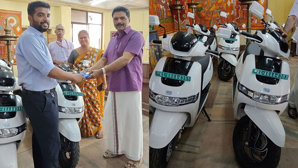 tvs donates five ev scooter to guruvayoor temple tvs donates five ev scooter to guruvayoor temple