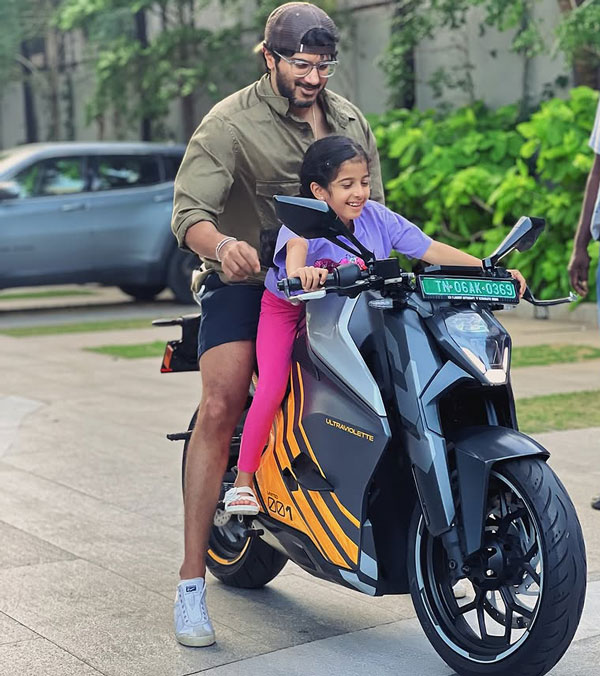 dulquer salmaan spotted with daughter on ultraviolette f77