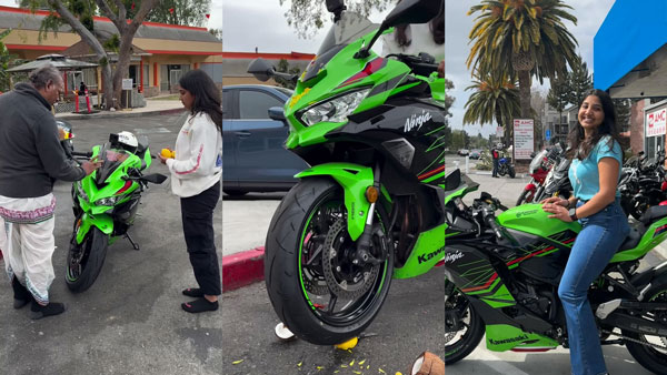 Indian Girl Takes Delivery Of Kawasaki Ninja ZX4RR In America Vahan Pooja Video Goes Viral